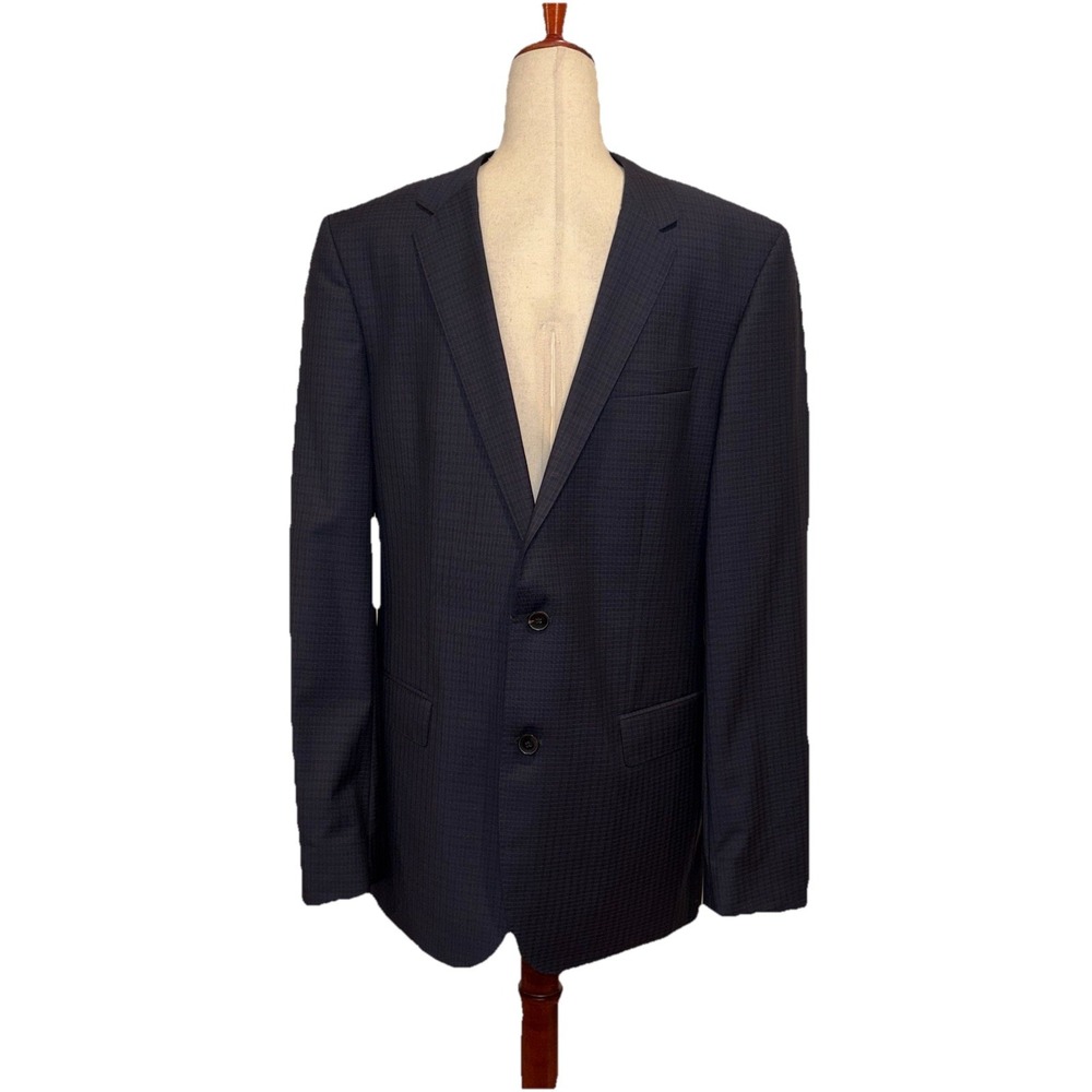 EUC Hugo Boss Blazer Mens 42L Blue Black Jacket Super 100 Wool Coat